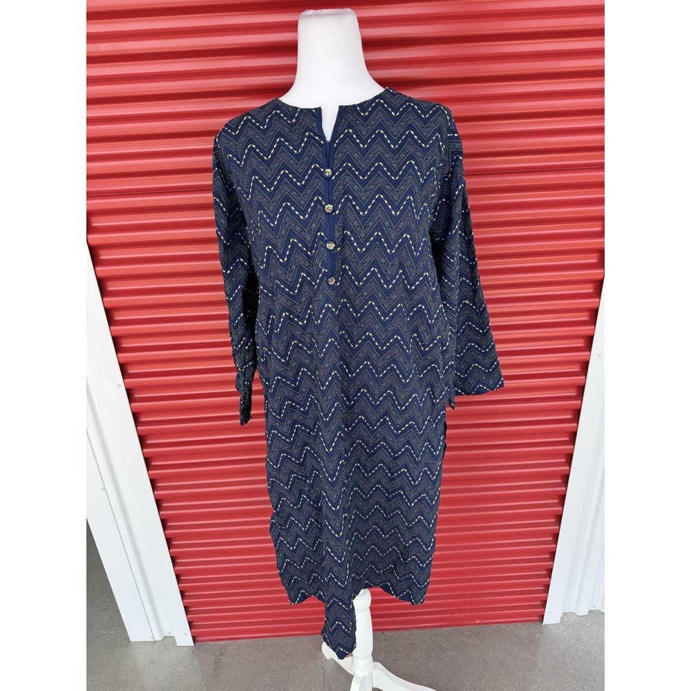 Khaadi Dress Womens Medium Blue Embroidered Chevron Long Sleeve Shift Midi